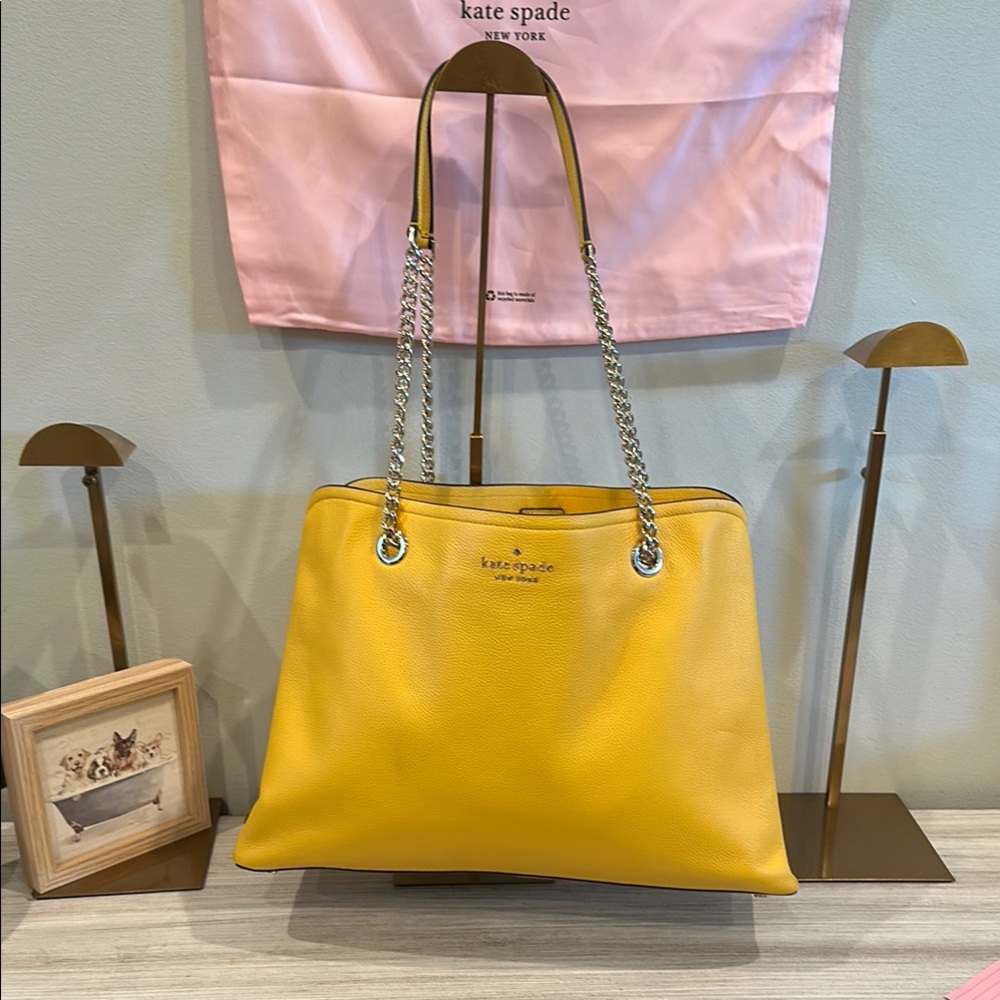 Kate Spade Yellow Leather Tote with Gold Chain Straps and Accents - EUC